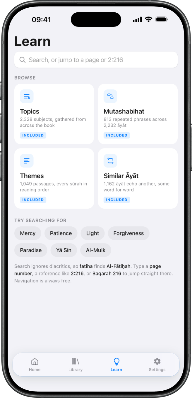 The Learn tab in The Holy Quran, showing Topics, Mutashabihat, Themes and Similar Ayat
